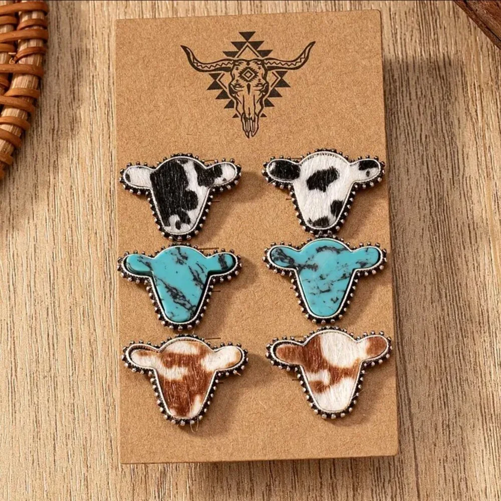 NEW Lot of 3 pairs of cow print earrings, turquoise western style, BOHO earrings - Picture 1 of 1